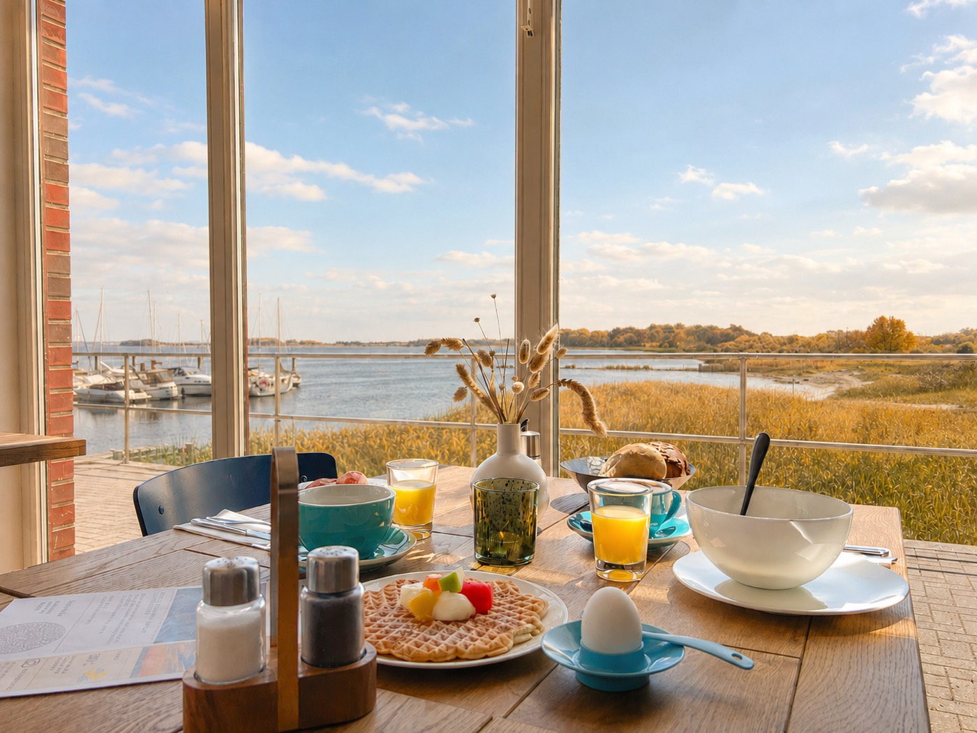 Frühstück im Marina Café mit Blick auf das Wasser
